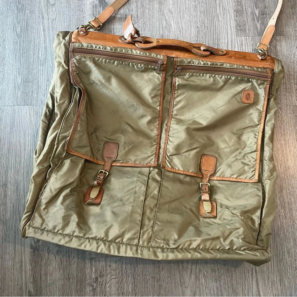 HARTMANN Khaki Green Nylon Tan Leather Garment Bag Shoulder Strap Travel Bag